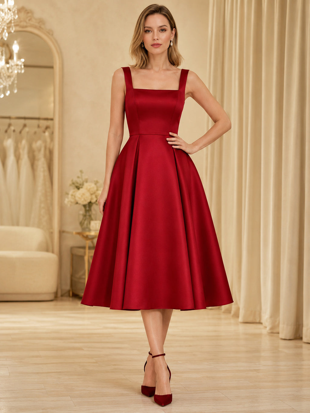Red Square Neck Strap Satin Tea-Length A-Line Wedding Dress front view