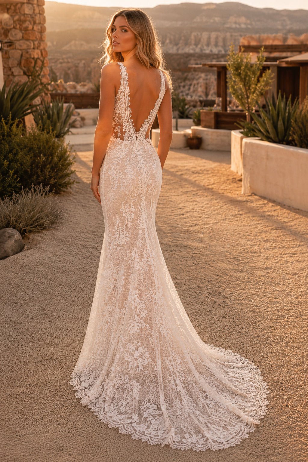 Champagne Sexy Spaghetti Neck Mermaid Champagne Lace Wedding Dress with Spaghetti Straps and Sweep Train Style MG_701378 back
