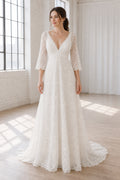 Champagne Scoop Cap Sleeves Sheath Crepe Floor-length Wedding Dress With Beaded Bodice and Pleated Skirt and Open Back