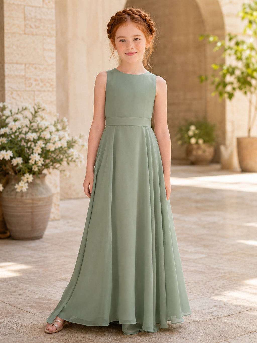 Flower Girl Dress Sage Chiffon A-Line Jewel Floor length Pleated front view
