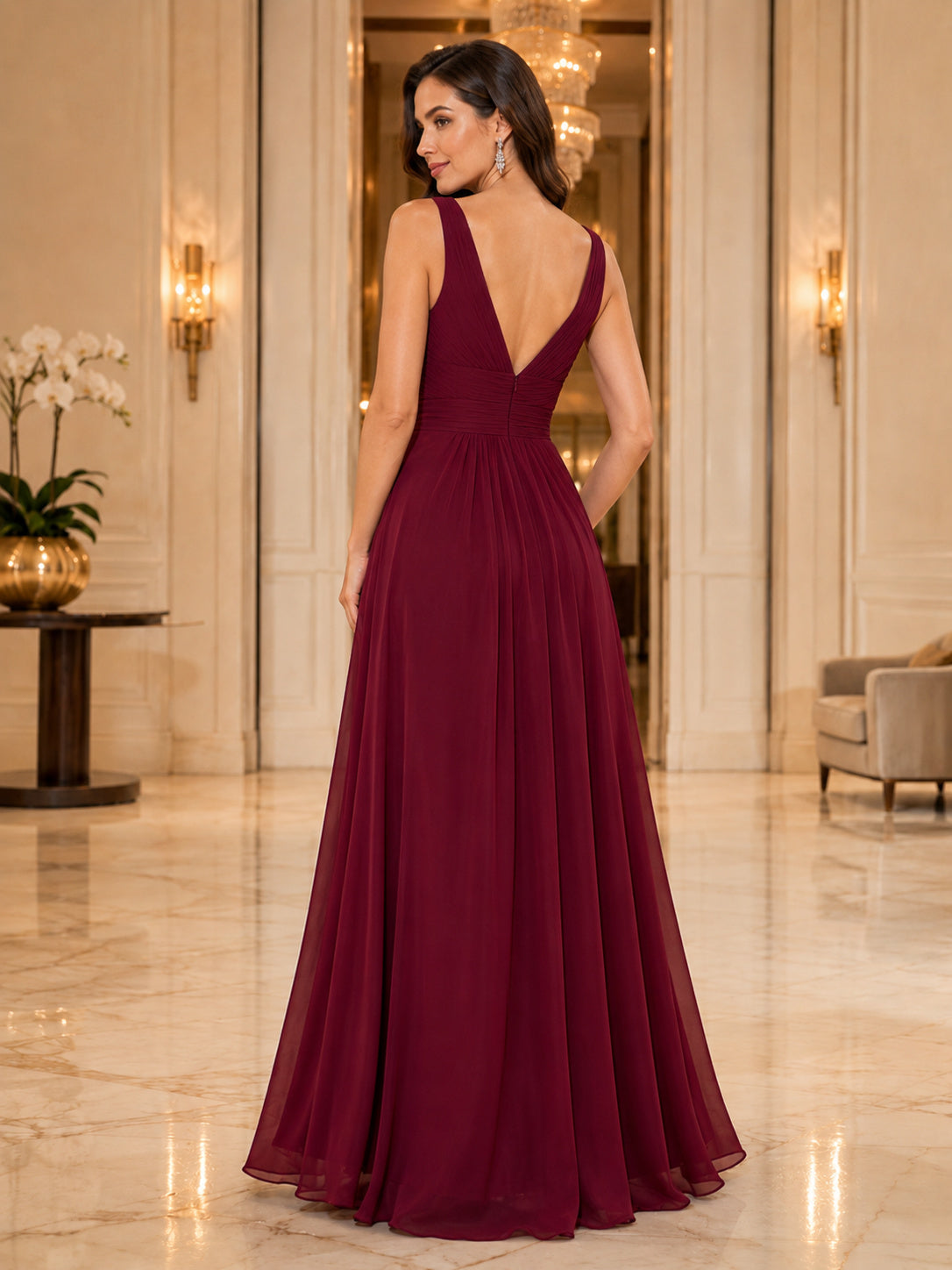 Burgundy V-neck Chiffon Low Back A-Line Gown back view
