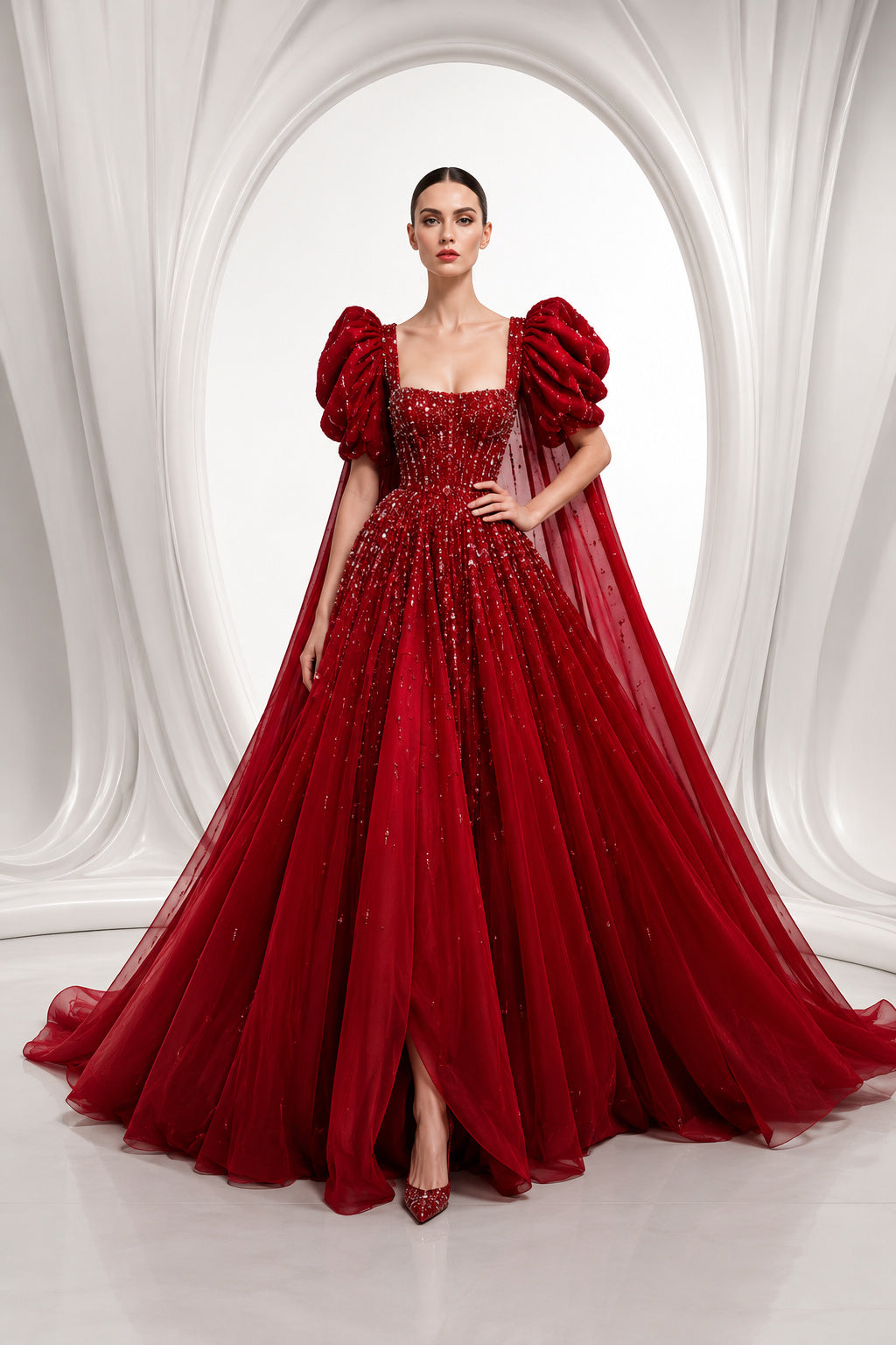 Red Puff Sleeve Tulle Ball Gown Prom Dress with Glitter Bodice front view