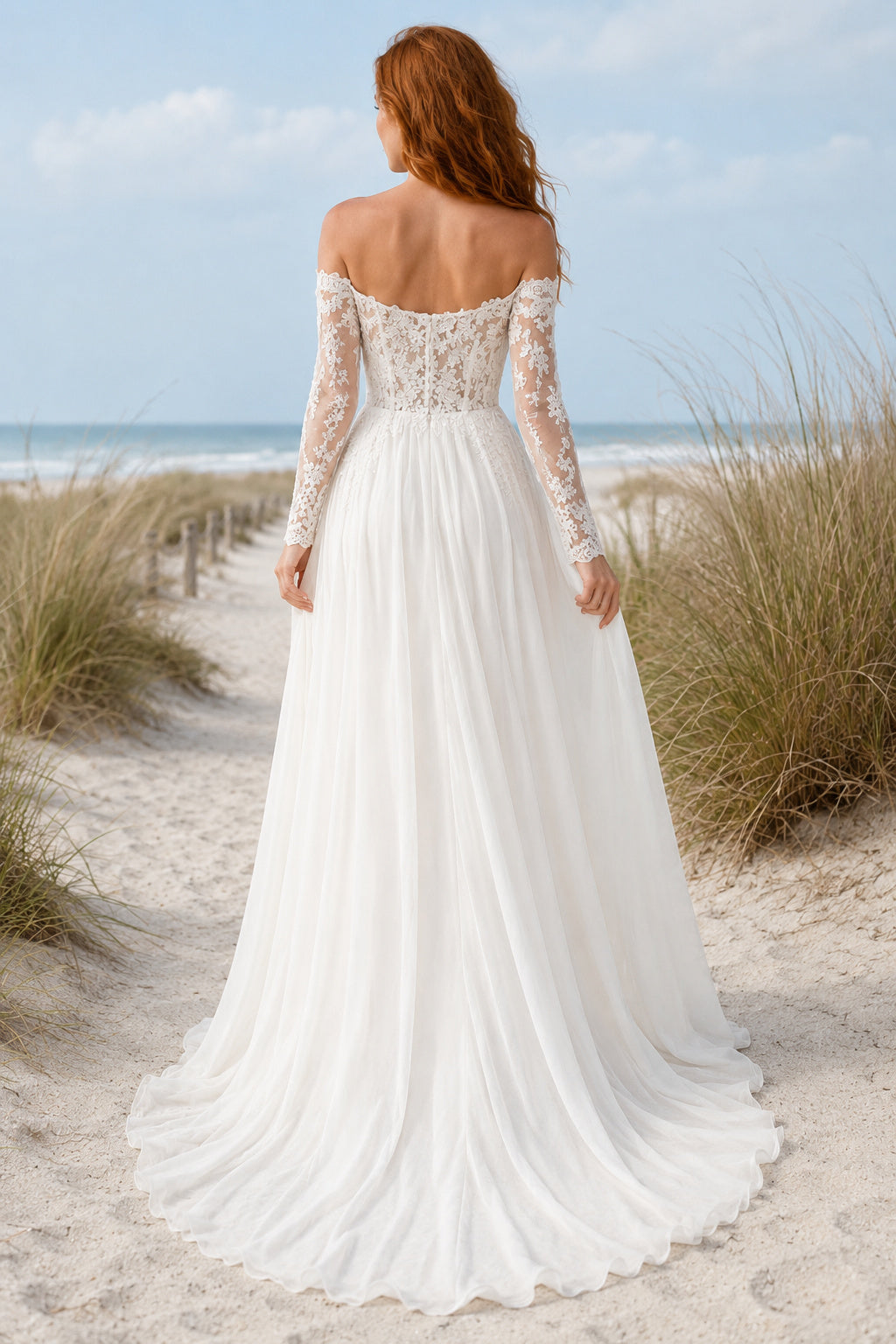 Ivory Off-the-Shoulder Long Sleeve Chiffon A-Line Wedding Dress with Lace Bodice back view