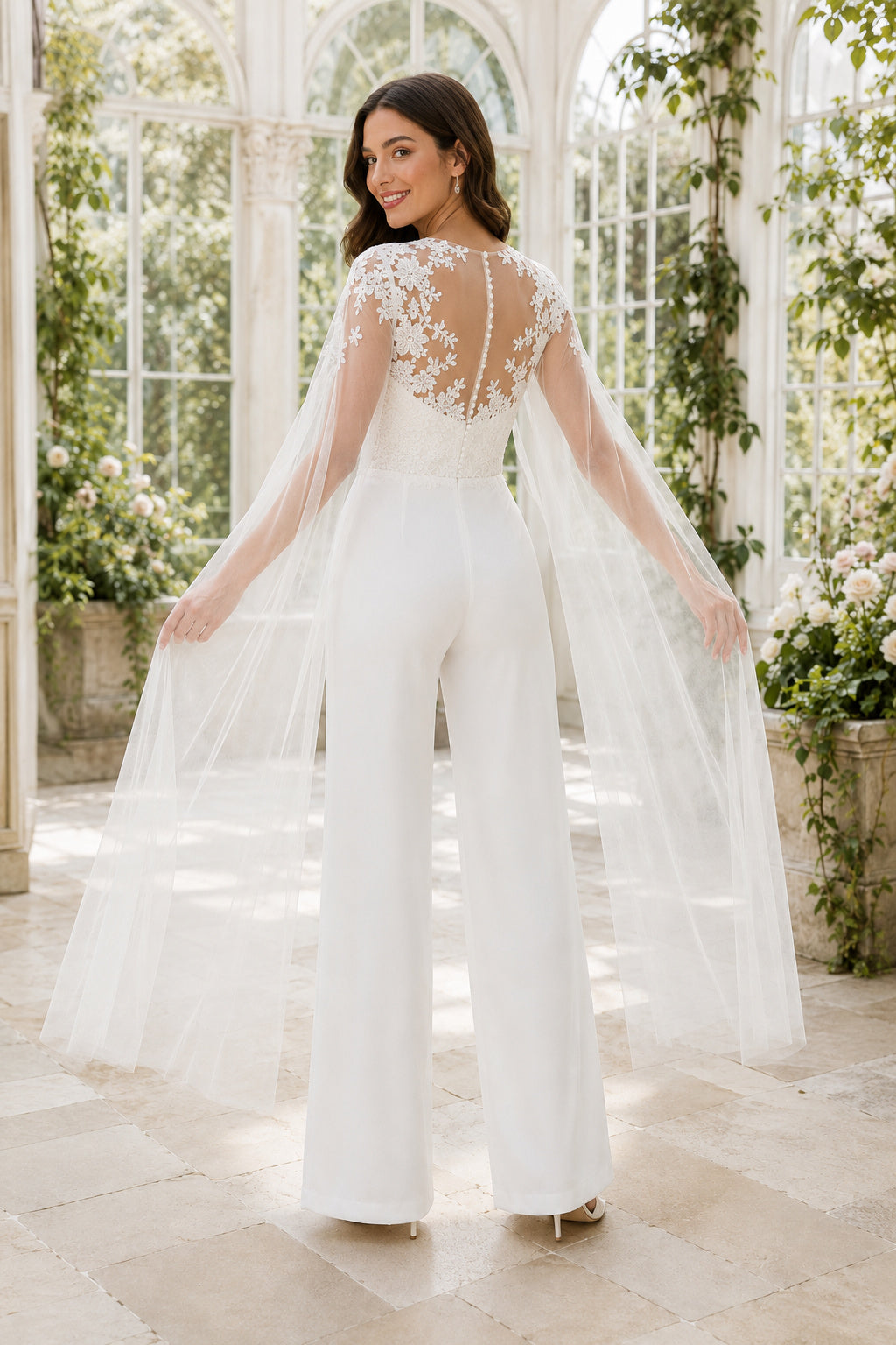 White Long Sleeve Lace Cape Bridal Jumpsuit back view