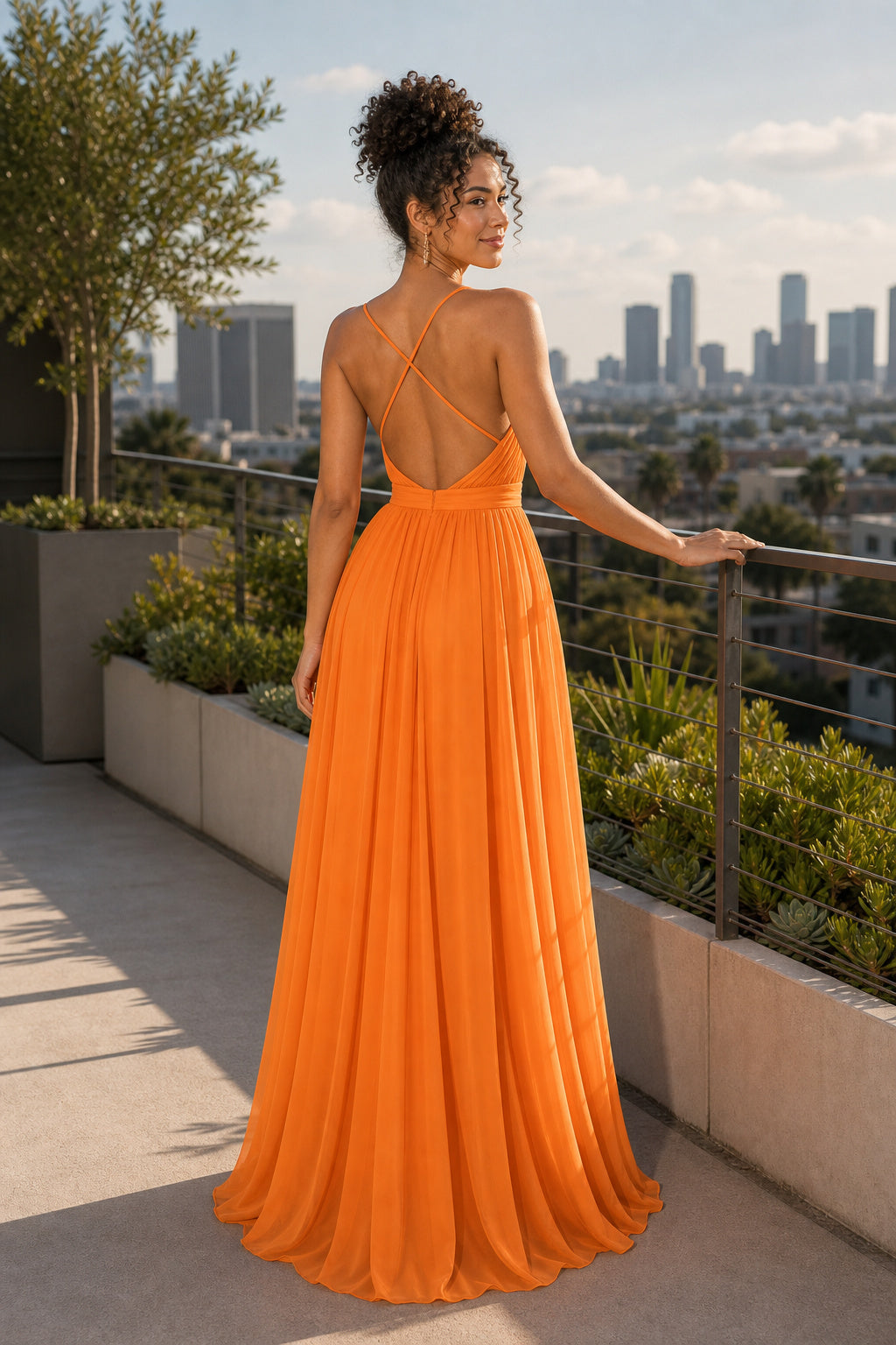 Orange V-neck Sleeveless A-Line Chiffon Floor-Length Dress With Open Back