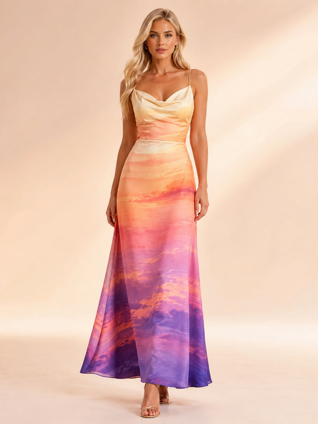 Sunset Cowl Neck Satin Slip Evening Maxi Dress front view