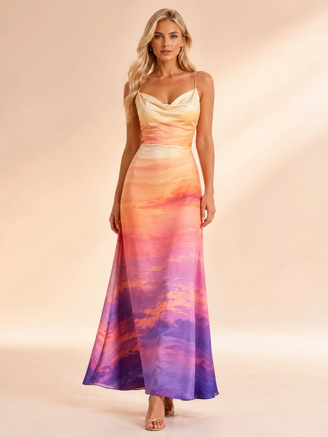 Sunset Cowl Neck Satin Slip Evening Maxi Dress front view