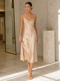 Champagne Cowl Neck Spaghetti Strap Boutique Shopping Midi Dress front view
