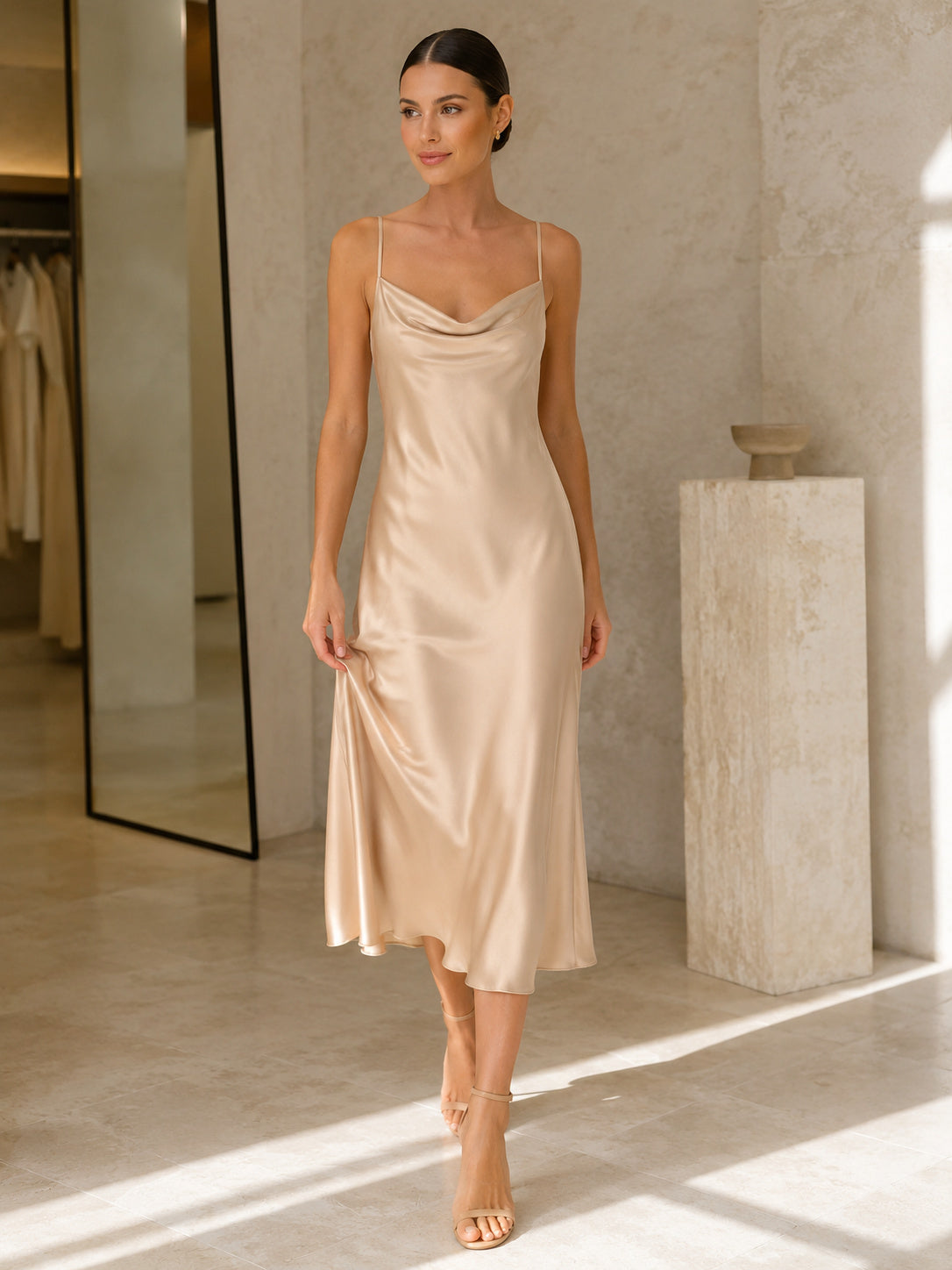 Champagne Cowl Neck Spaghetti Strap Boutique Shopping Midi Dress front view