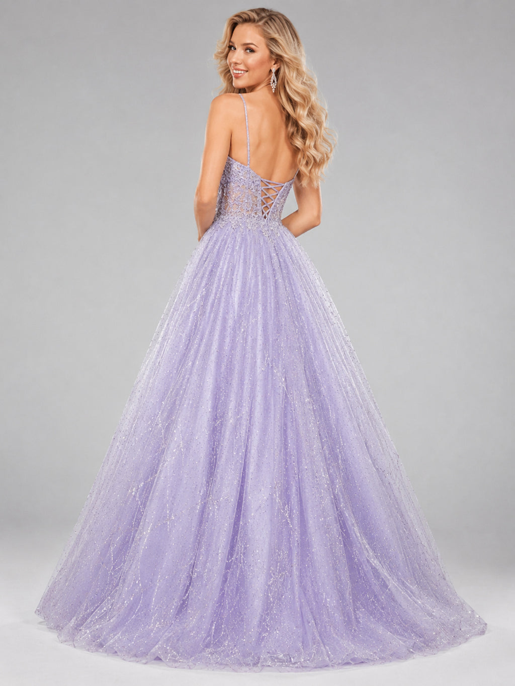 Lavender Glitter Tulle V Neck Ball Gown Prom Dress back view