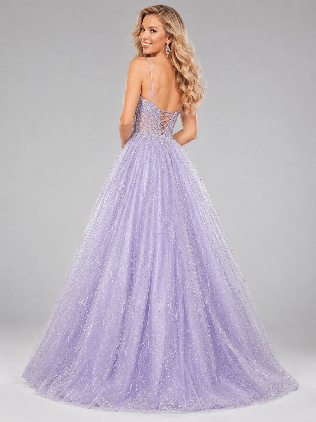 Lavender Glitter Tulle V Neck Ball Gown Prom Dress back view