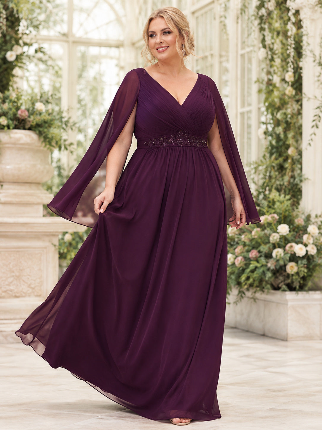 Plum V Neck Beaded Waist Chiffon Cape Floor Plus Size Guest Gown front view