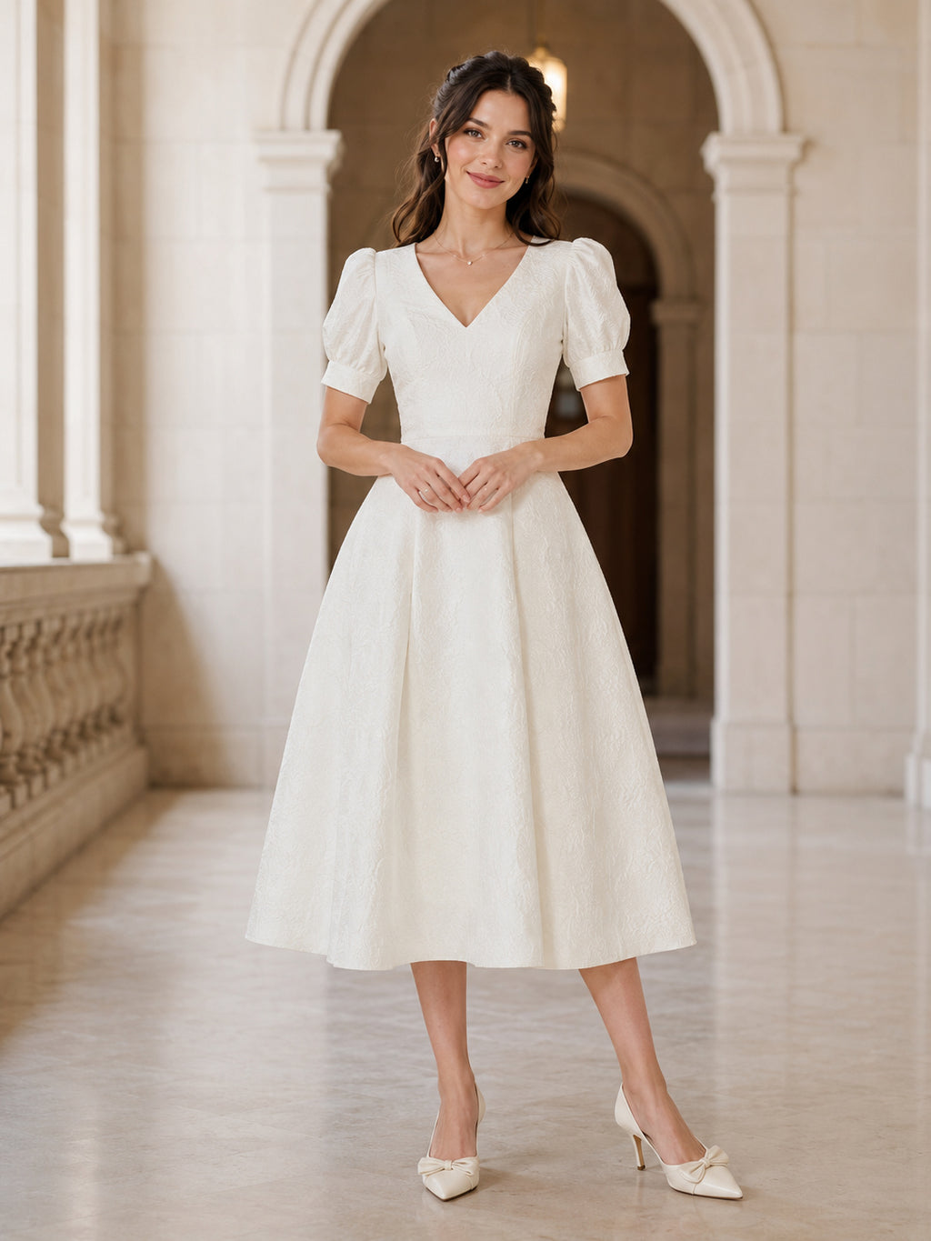 Petite Vintage Satin Wedding Dress A-Line V-Neck Short Sleeve Tea Length Bridal Gown front view