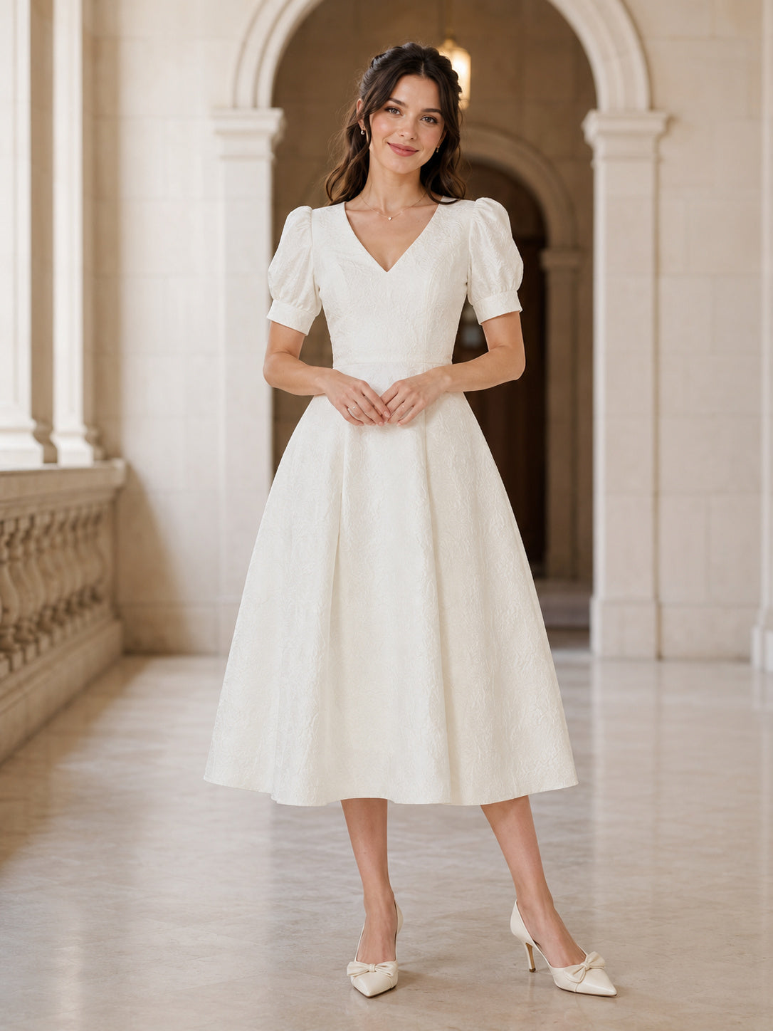 Petite Vintage Satin Wedding Dress A-Line V-Neck Short Sleeve Tea Length Bridal Gown front view