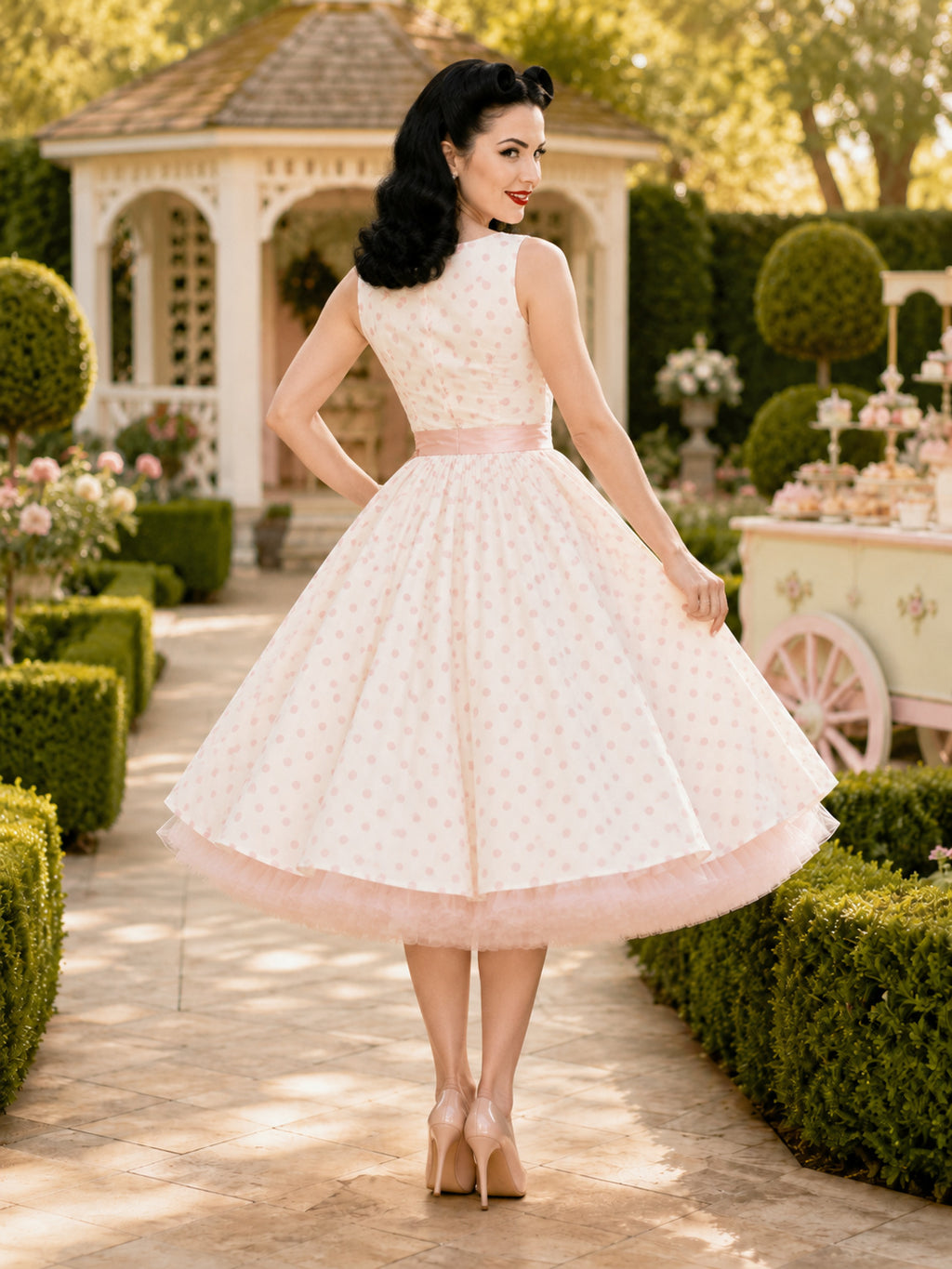 Pink Sash Dotted Petticoat Rockabilly Garden Bridal Dress back view