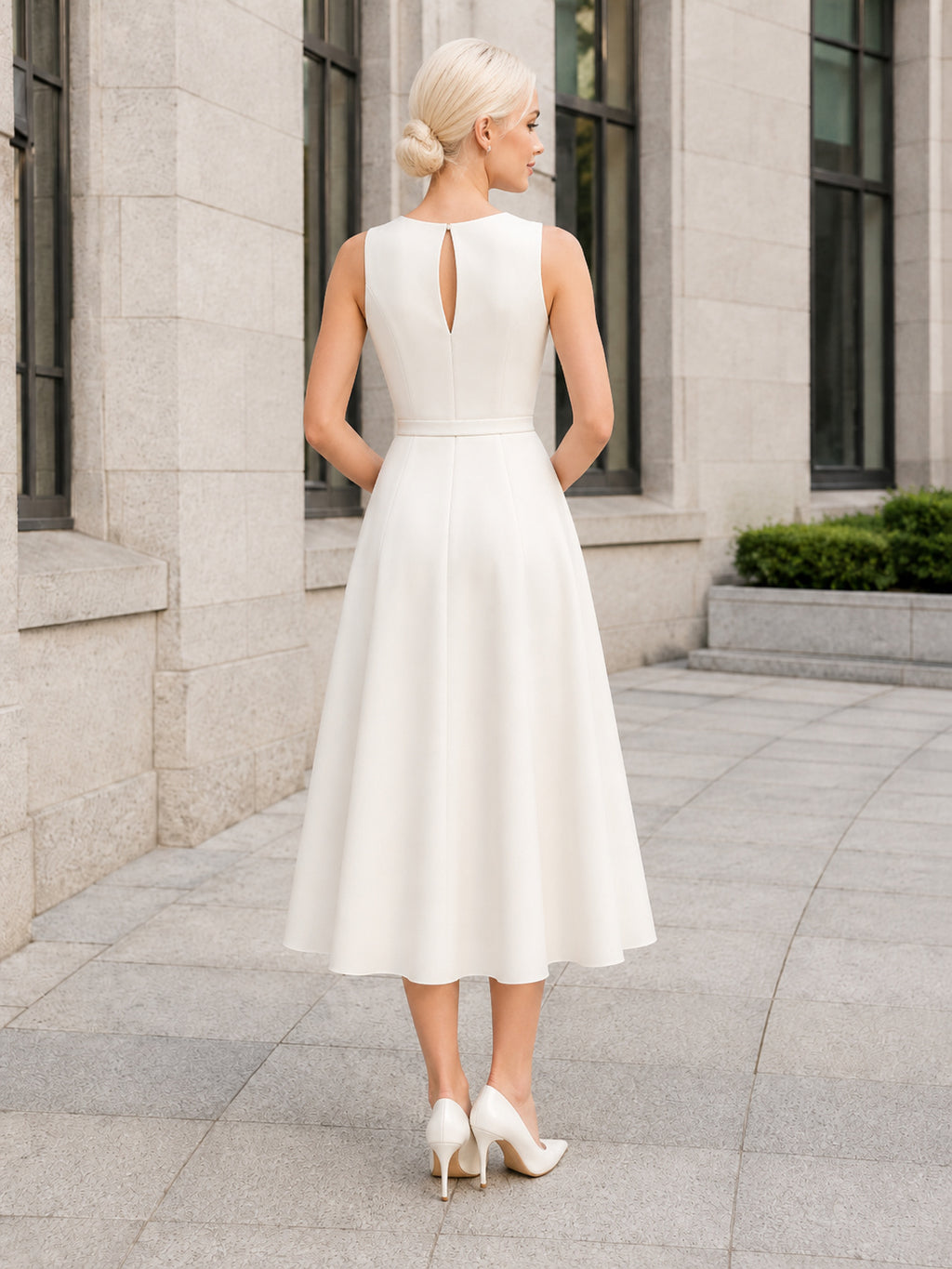 Affordable Courthouse Jewel Neck A-Line Midi Wedding Dress back view