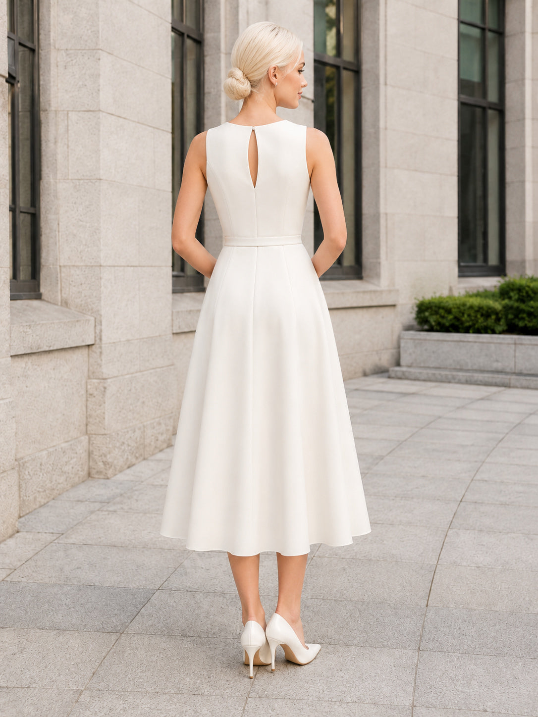 Affordable Courthouse Jewel Neck A-Line Midi Wedding Dress back view
