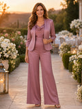 Dusty Rose Mother Pantsuit with Satin Cowl Neck Top, Jacket and Wide Leg Pants front view