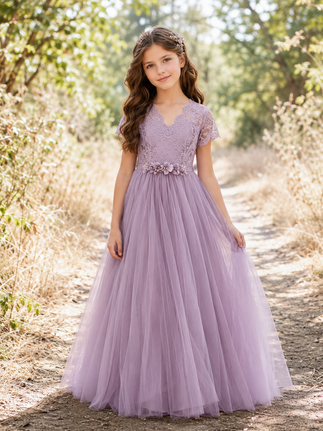 Lilac Floral Tulle A-Line Flower Girl Dress with Floor-Length Skirt front view