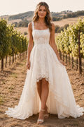 Square Neck Strap High Low A-Line Wedding Dress with Lace Bodice and Sweep Train front view