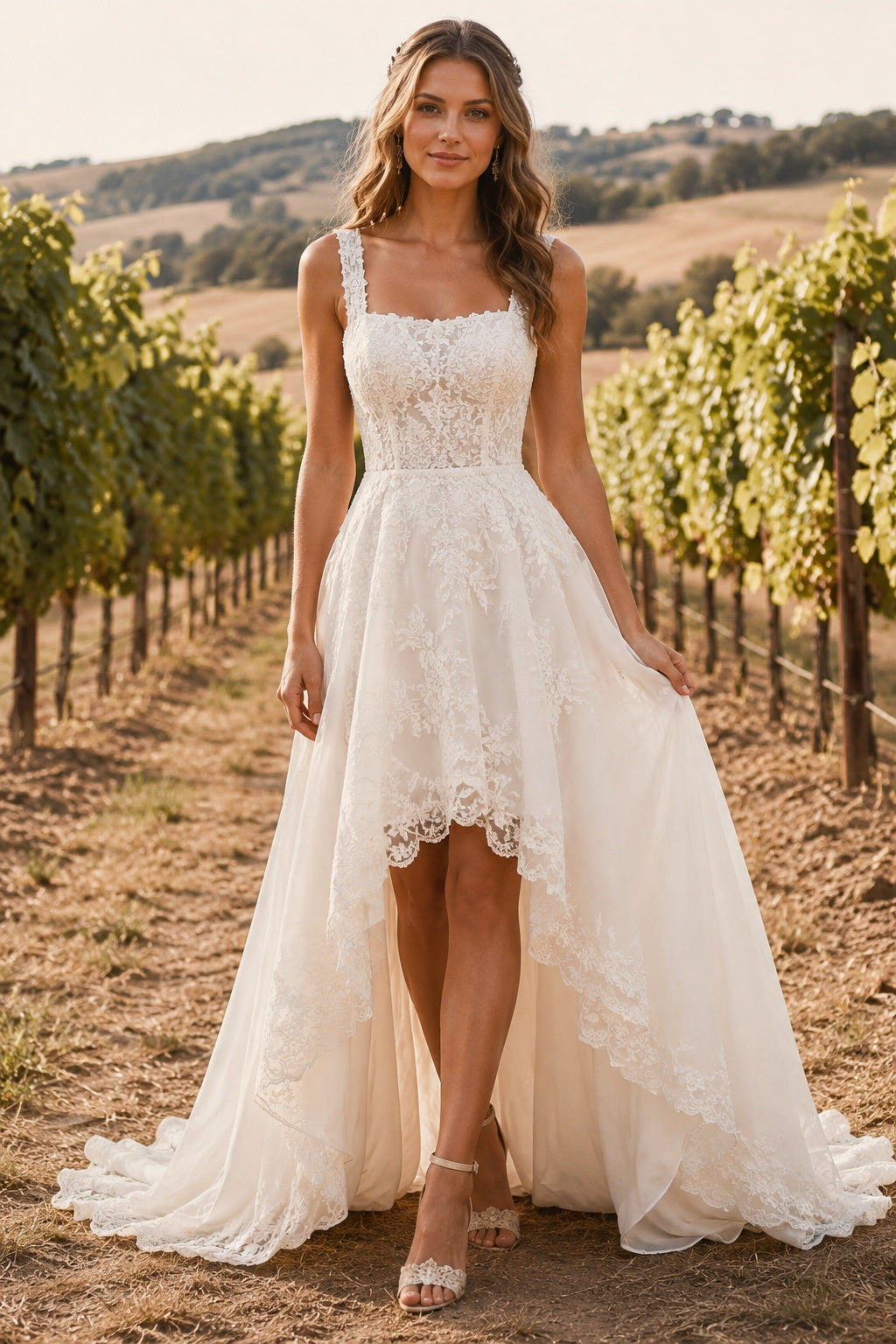 Square Neck Strap High Low A-Line Wedding Dress with Lace Bodice and Sweep Train front view