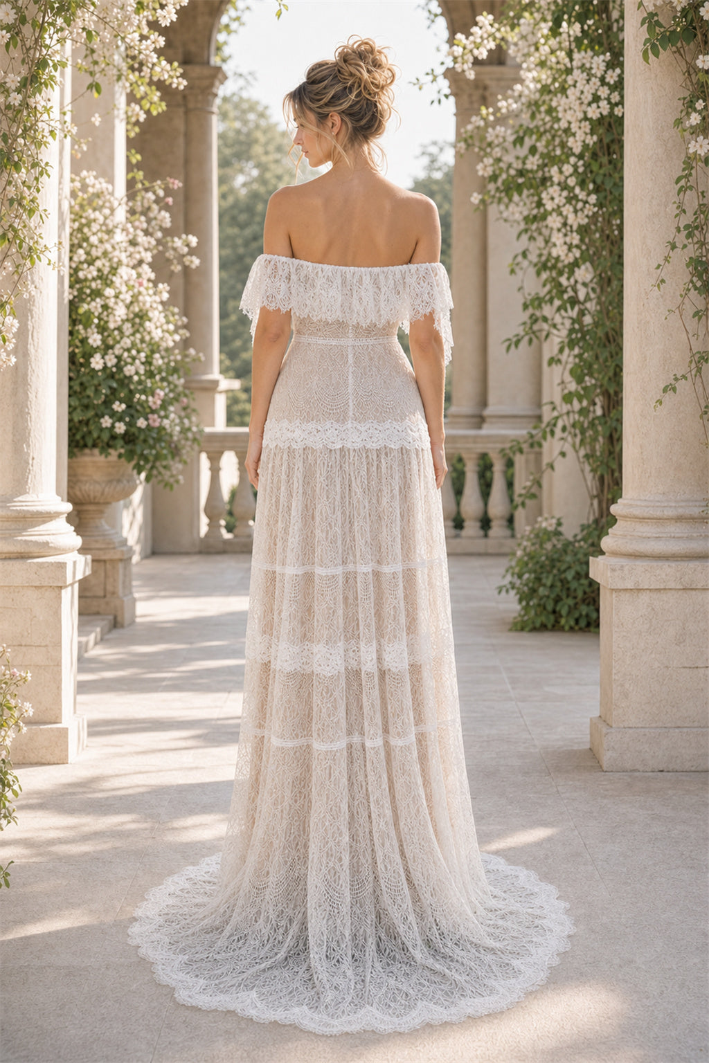 Blush Off-the-shoulder Off-the-shoulder Sheath Lace Floor-length Wedding Dress With Lace and Tiered Skirt