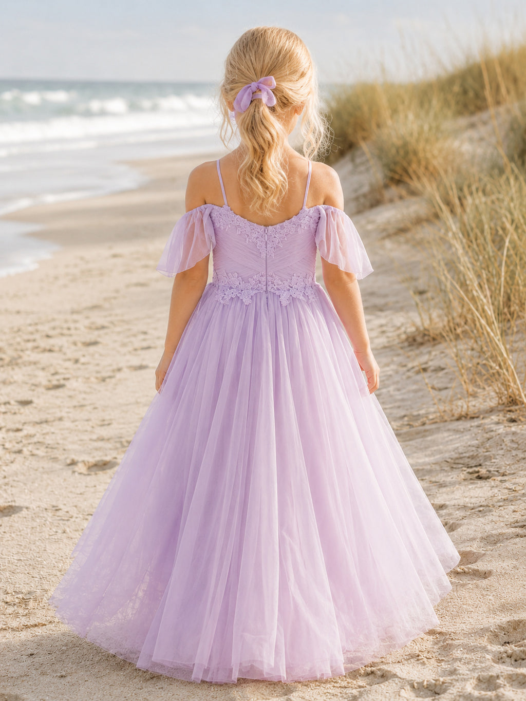 Beach Lavender Short Sleeve Tulle High-Low A-Line Flower Girl Dress with Off-the-shoulder Neck and Ruffle Detail back view