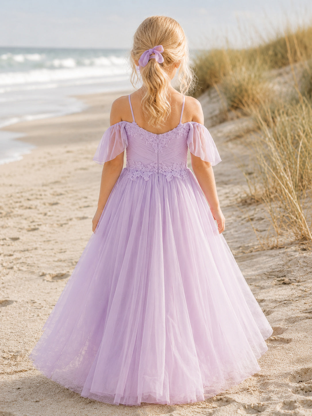 Beach Lavender Short Sleeve Tulle High-Low A-Line Flower Girl Dress with Off-the-shoulder Neck and Ruffle Detail back view