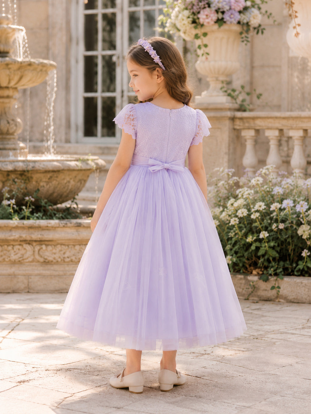 Lavender Short Sleeve Bow Back Tulle A-Line Flower Girl Dress with Jewel Neck and Tea-Length Skirt back view