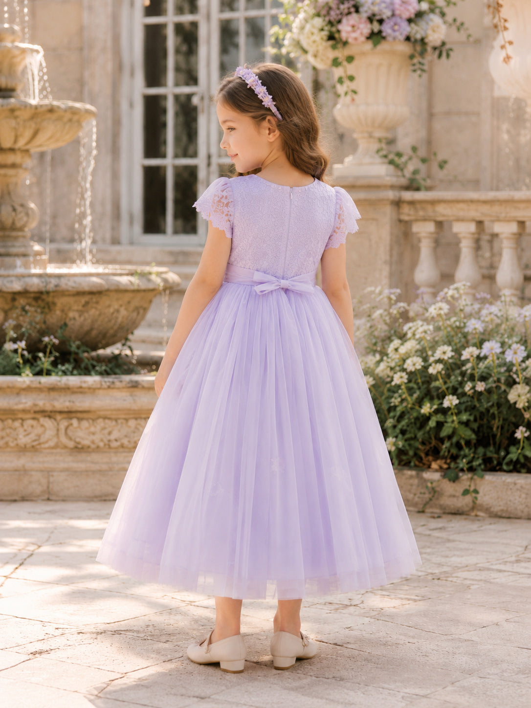Lavender Short Sleeve Bow Back Tulle A-Line Flower Girl Dress with Jewel Neck and Tea-Length Skirt back view
