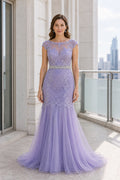 Lavender Bateau Cap Sleeve Mermaid Lace Floor-Length Dress With Open Back