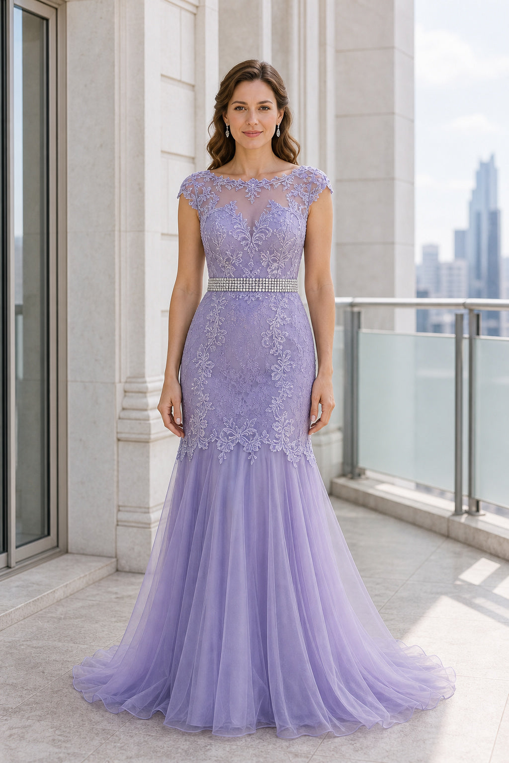 Lavender Bateau Cap Sleeve Mermaid Lace Floor-Length Dress With Open Back