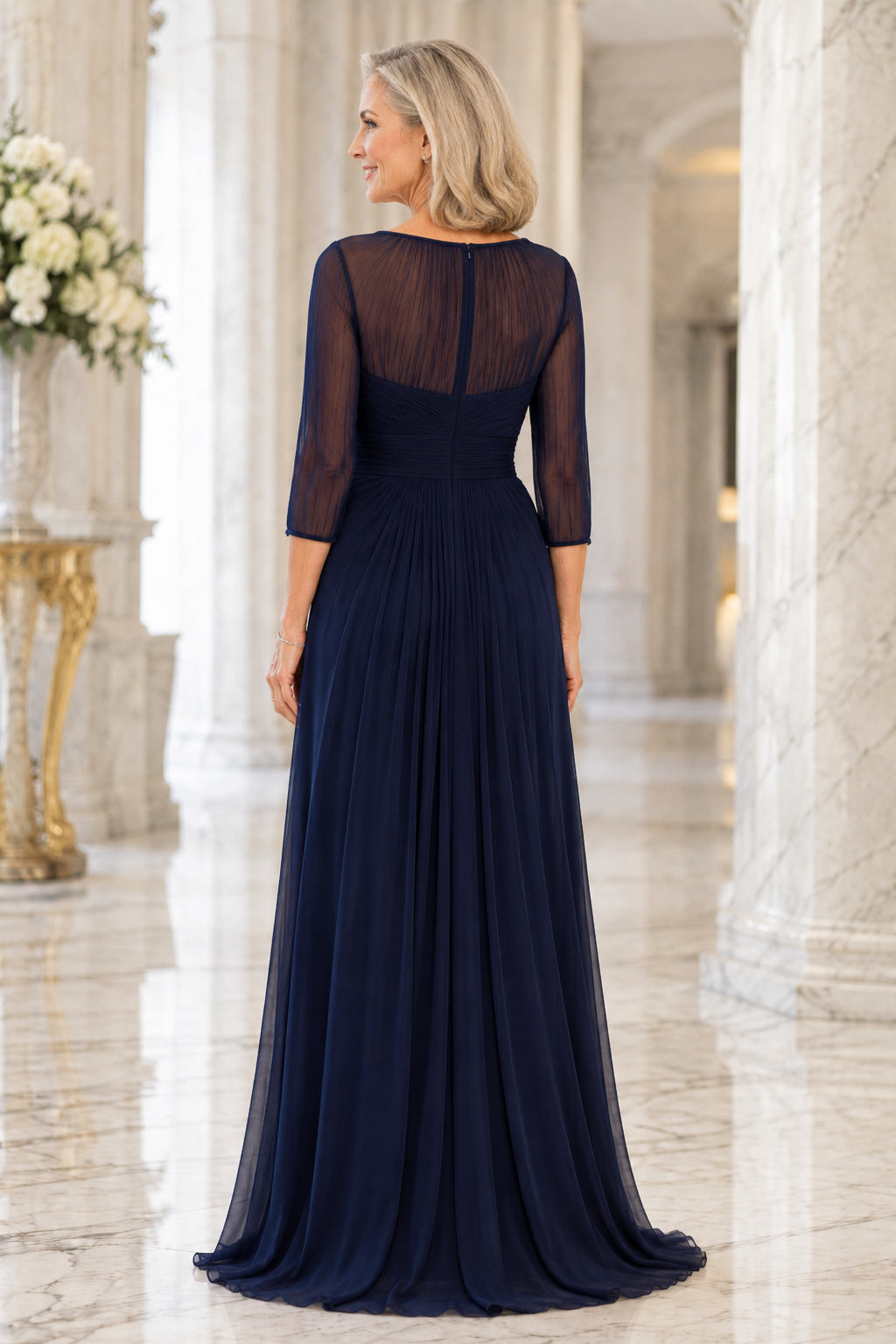 Dark Navy Bateau Illusion Sleeve A-Line Mother Dress with Sweetheart Bodice back view