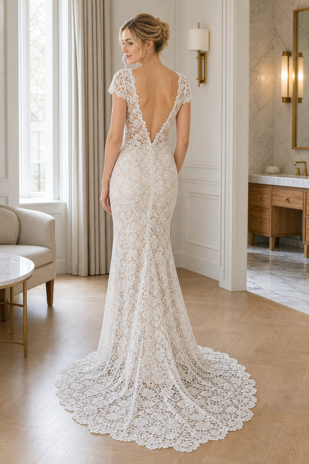 White Scoop Cap Sleeves Sheath Chiffon Floor-length Wedding Dress With Pleated Skirt and Layered Skirt and Open Back