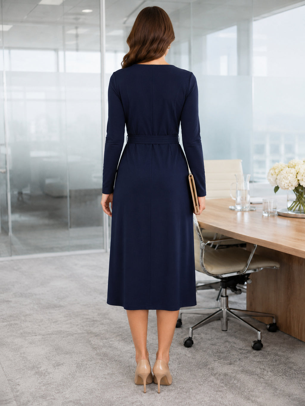 Navy long sleeve wrap midi business meeting dress back view