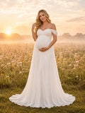 Maternity Off-Shoulder Soft Chiffon Flower Field Elopement Gown front view