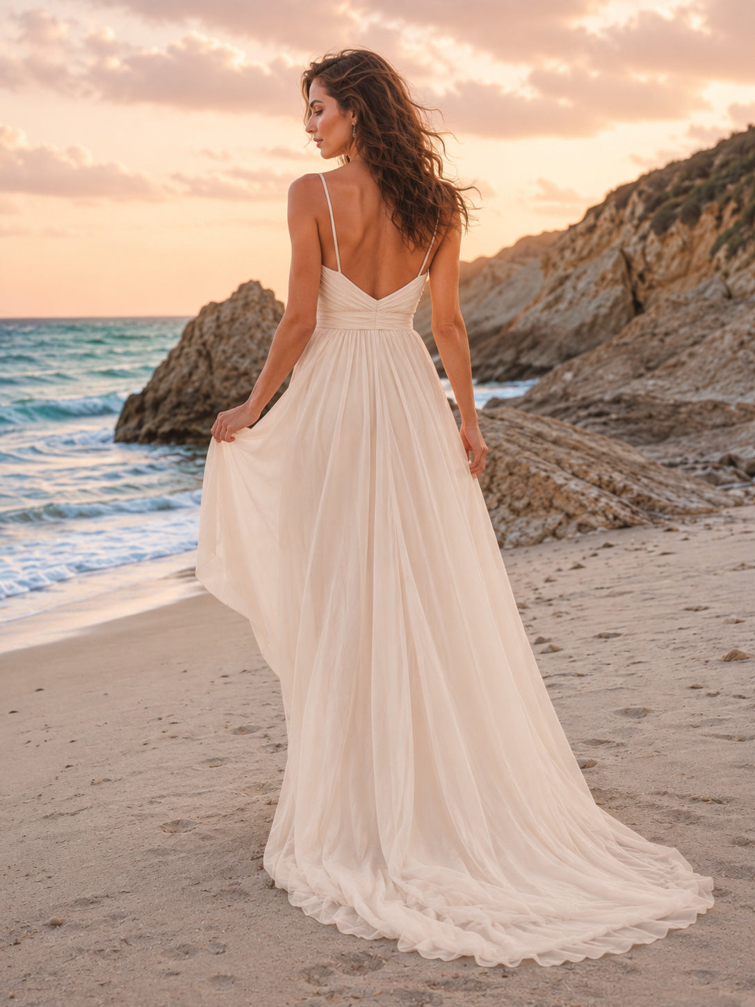 Champagne Beach V-Neck Split Chiffon Destination Bridal Dress back view