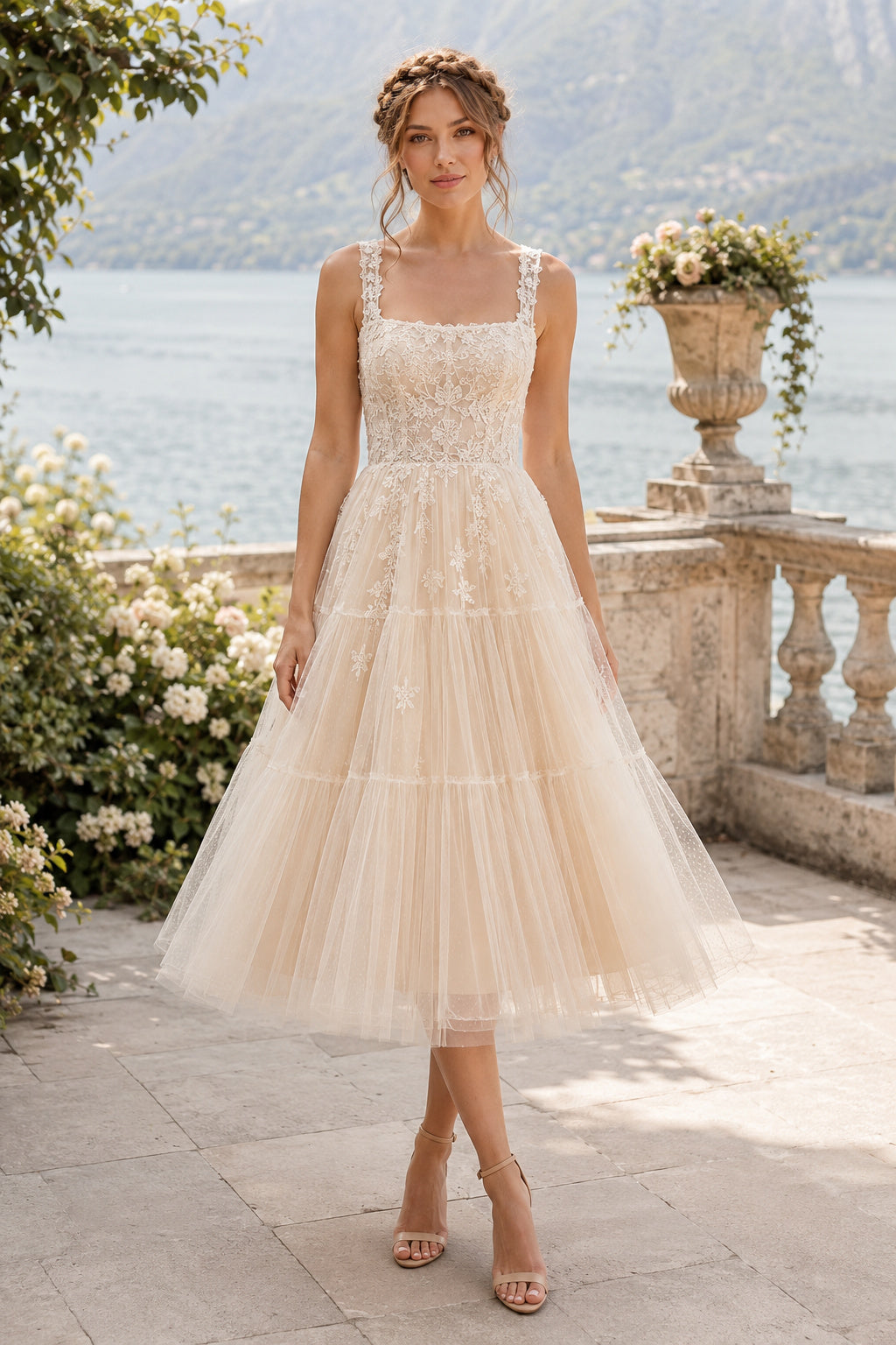 Champagne Square Strap Tulle Tea Length Wedding Dress for Wedding Reception and Party front view