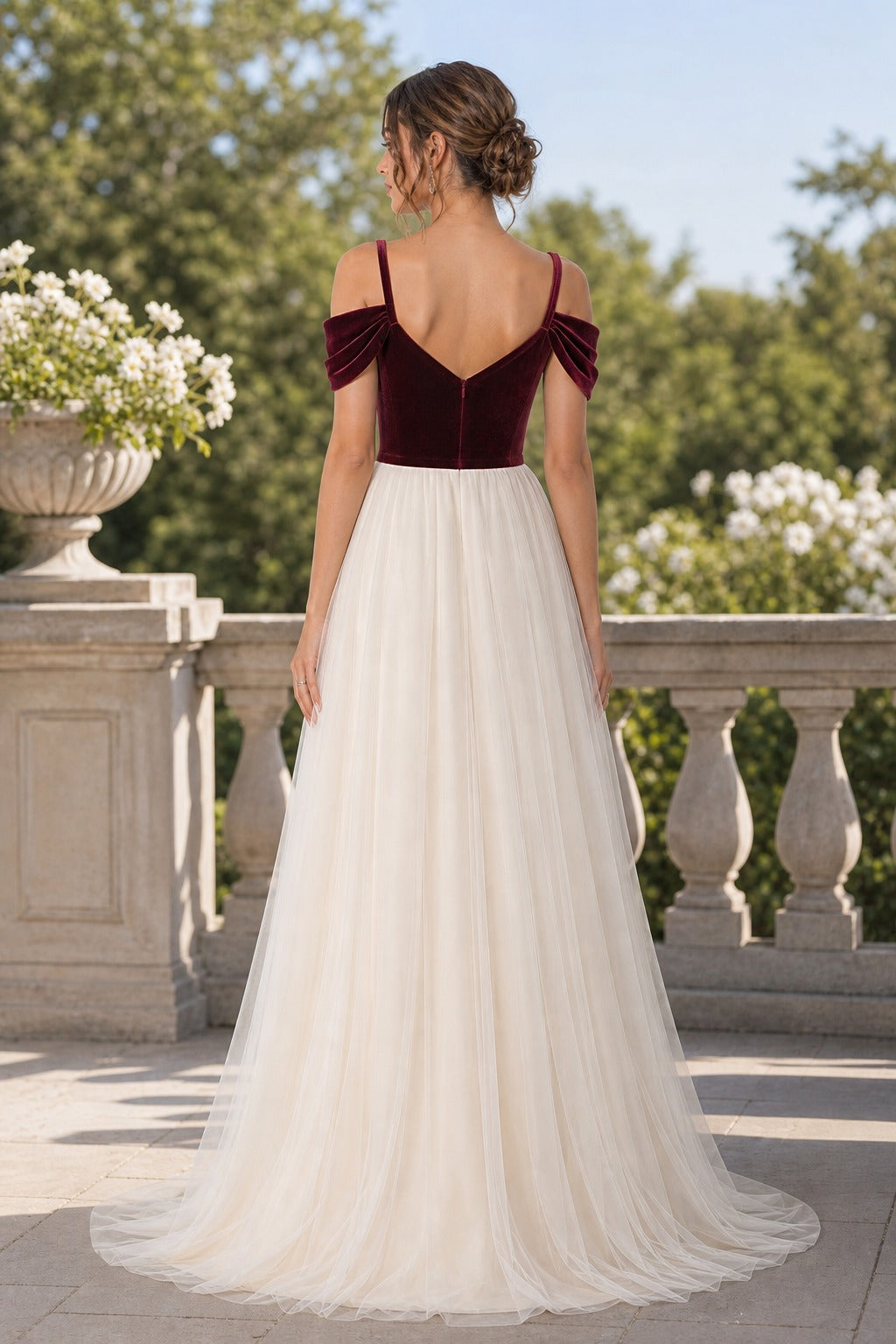 Burgundy Off-the-Shoulder Floor-Length Tulle A-Line Dress
