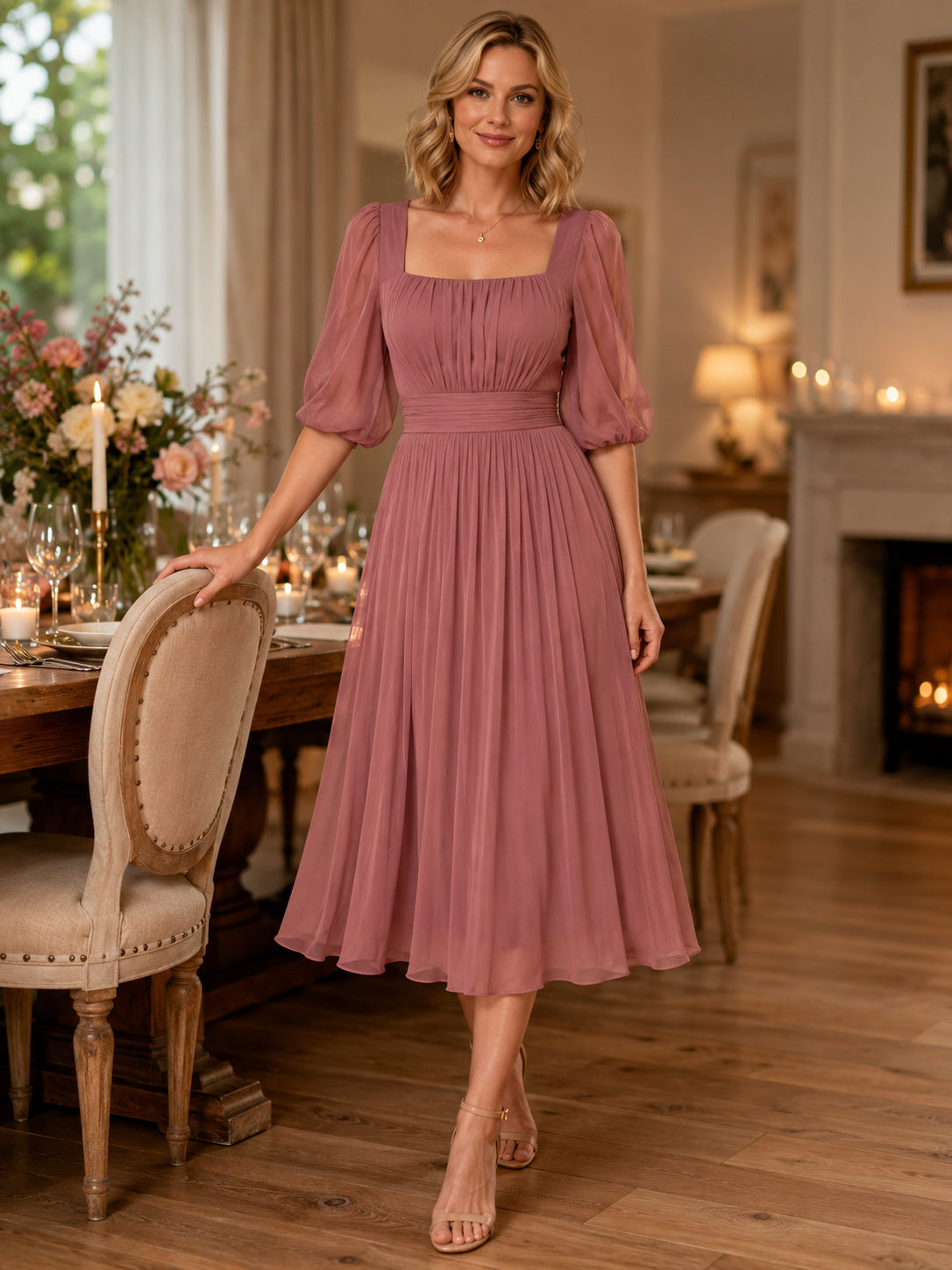 Dusty rose square neck puff sleeve pleated midi dress front view