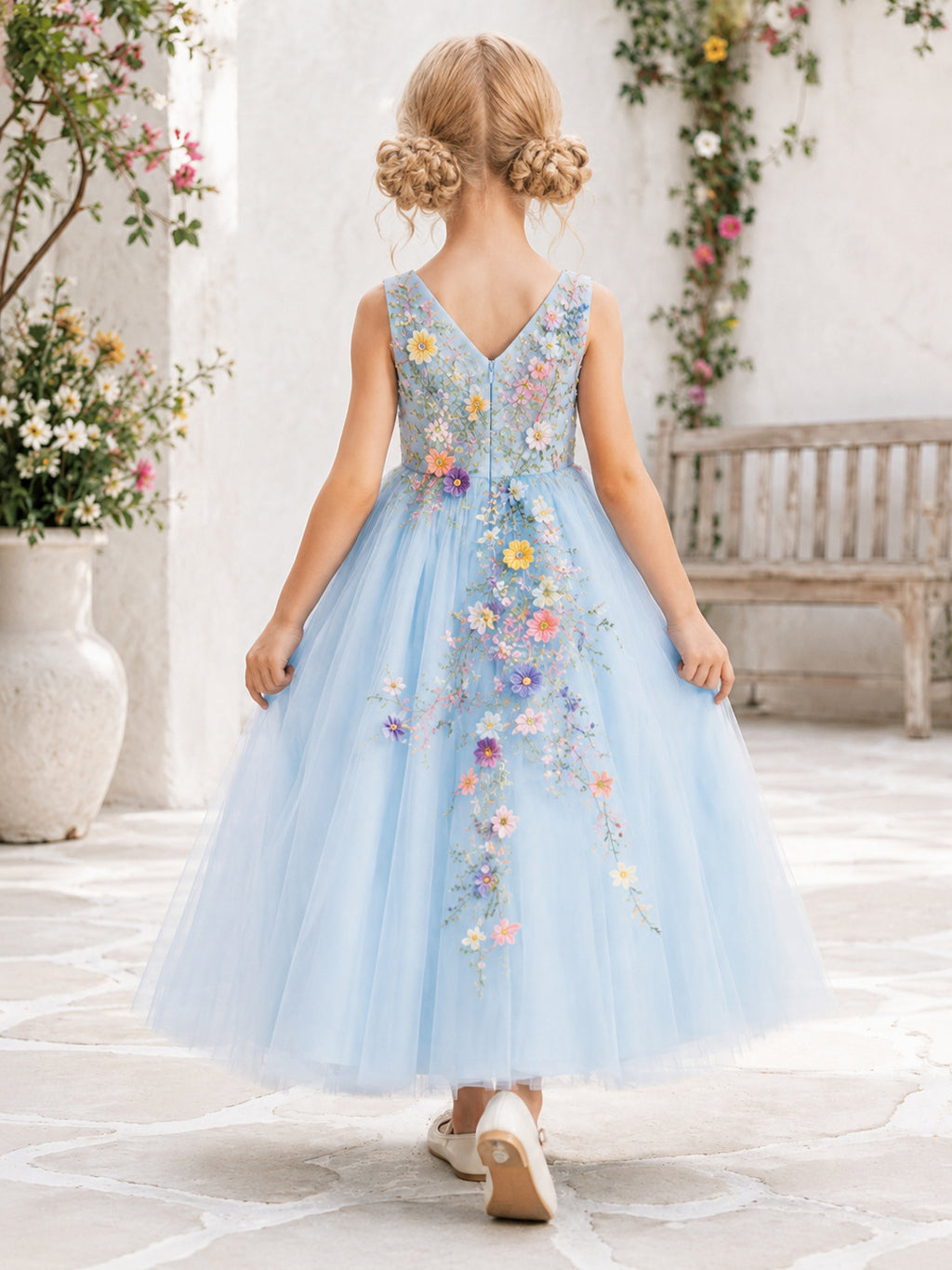 Sky Blue Floral Tulle Flower Girl Dress with Sleeveless A-Line Bodice, Romantic Appliques, and Full-Length Skirt back view