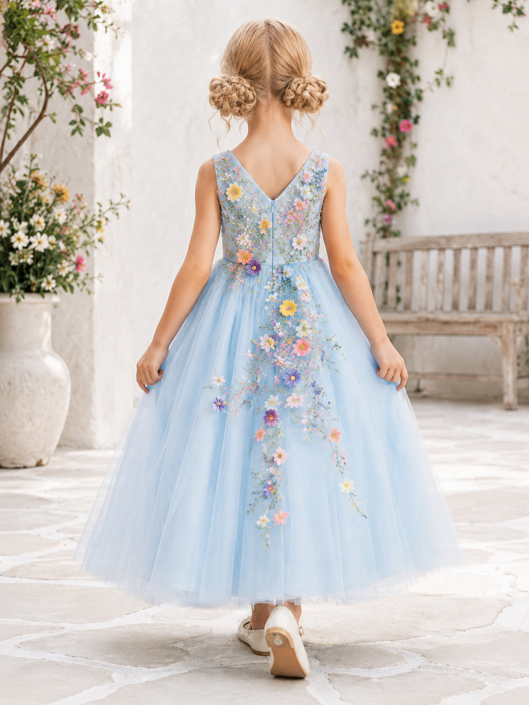 Sky Blue Floral Tulle Flower Girl Dress with Sleeveless A-Line Bodice, Romantic Appliques, and Full-Length Skirt back view