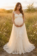 Ivory Maternity Sweetheart Strap Lace A-Line Wedding Dress with Floral Lace Train front view