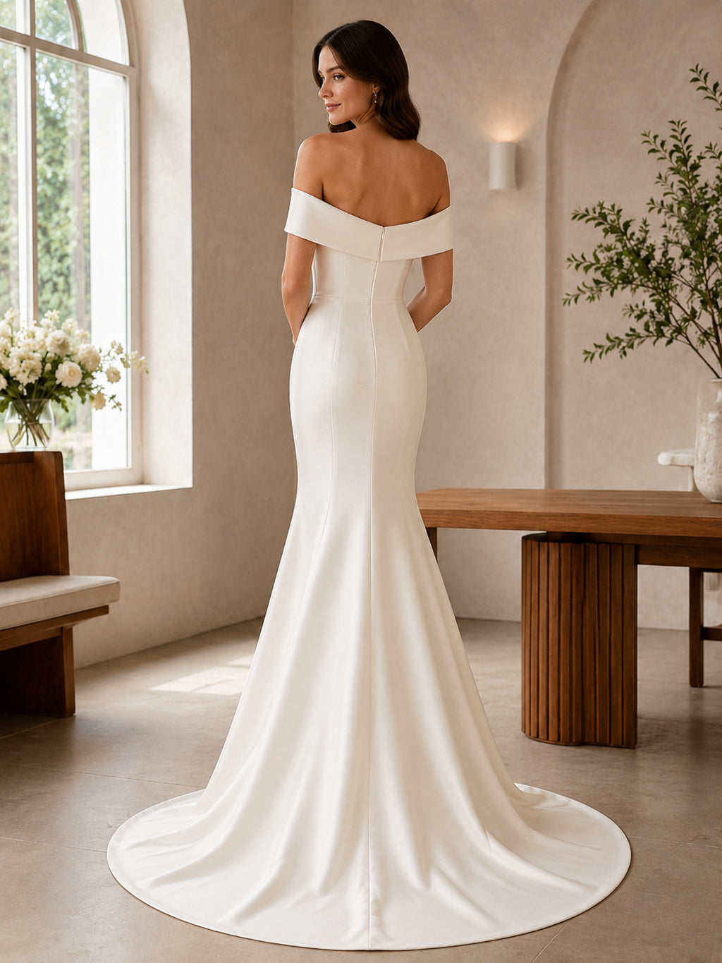 Off Shoulder Satin Mermaid Minimalist Civil Wedding Dress back view