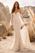 Ivory Off Shoulder Bell Sleeve Lace Mermaid Wedding Dress for Wedding Ceremony and Reception Style MG_701450 front view