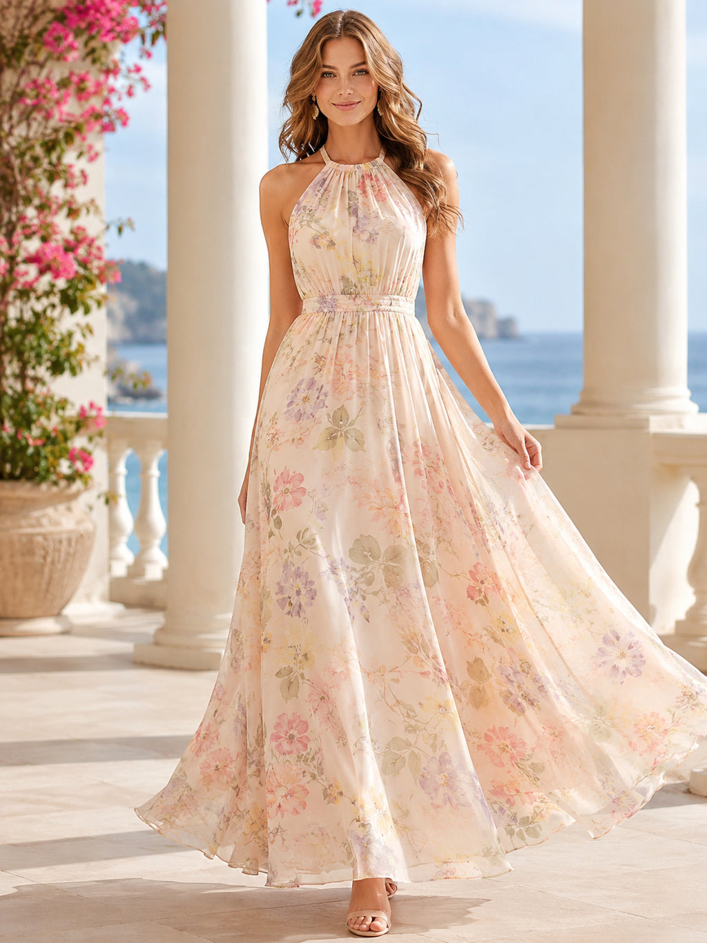 Papaya Floral Halter High Neck Chiffon A Line Bridesmaid Dress front view