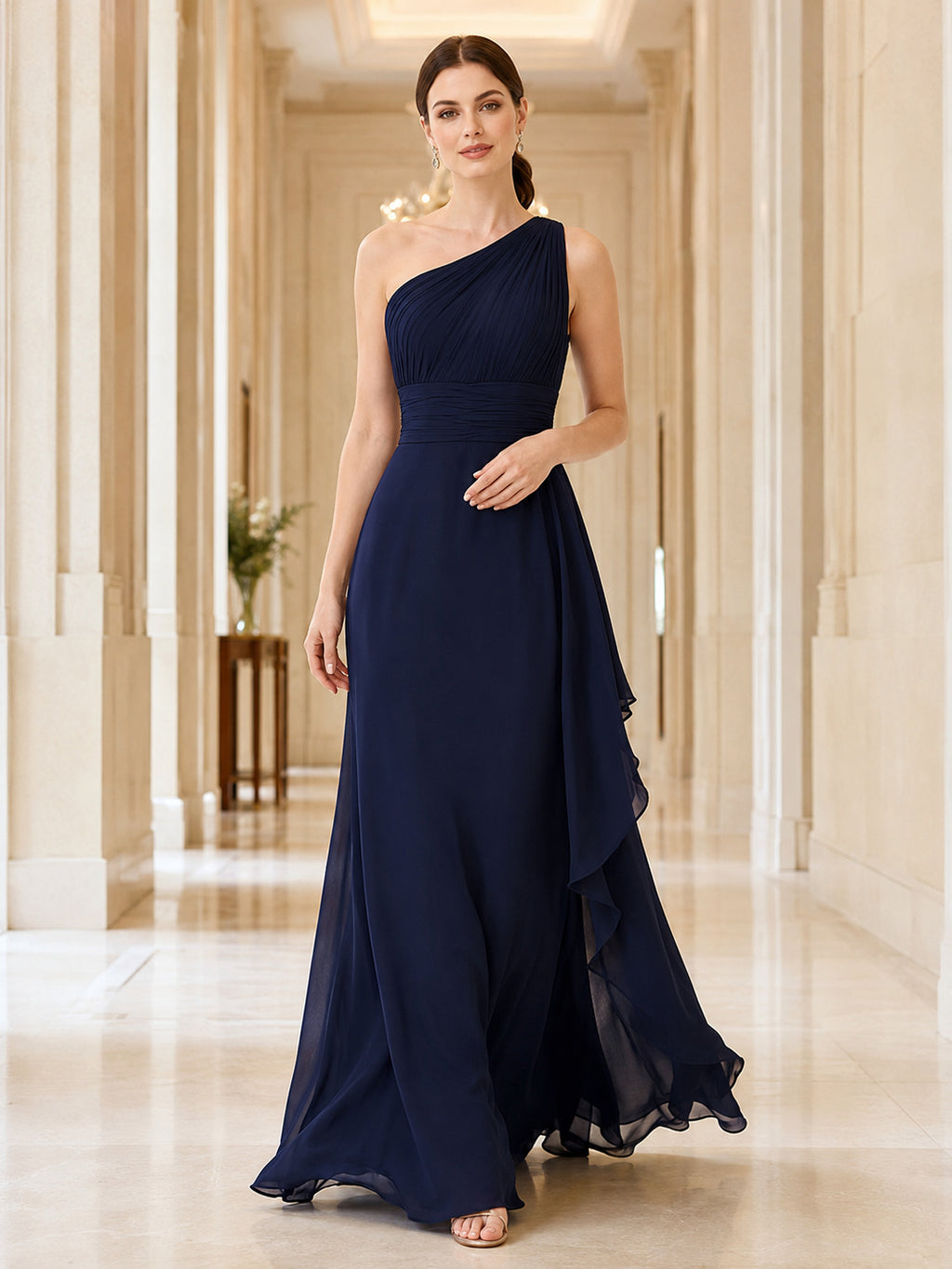 Dark Navy One Shoulder Chiffon Slit Formal Dress front view