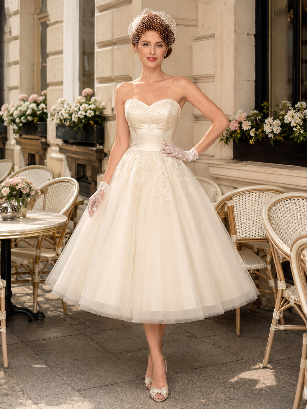 Vintage 1950s Strapless Sweetheart Beaded Tulle A-Line Tea Length Wedding Dress front view