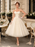 Vintage 1950s Strapless Sweetheart Beaded Tulle A-Line Tea Length Wedding Dress front view