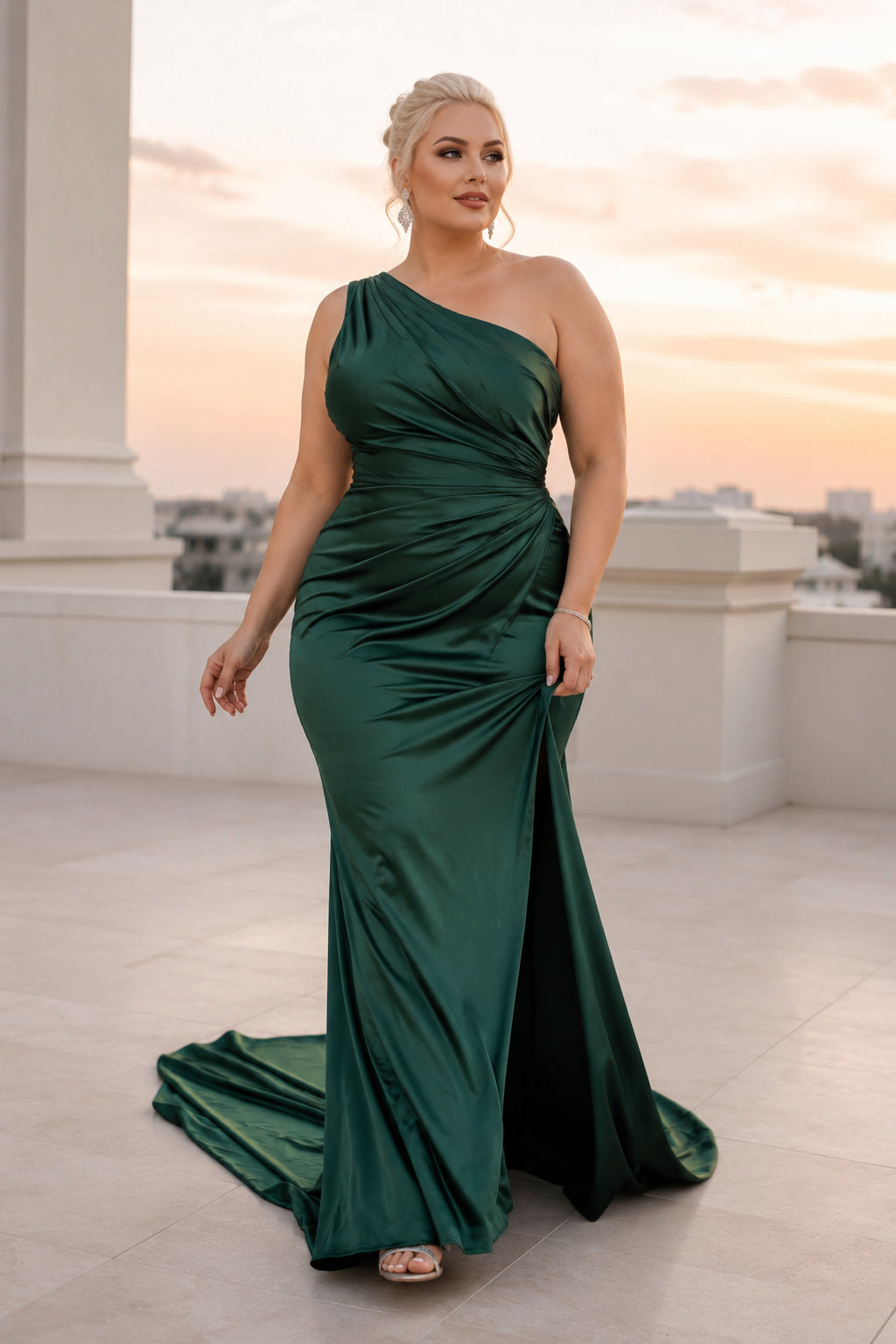 Plus Size Dark Green One-Shoulder Satin Sheath Formal Dress with Drape for Prom, Evening Party, and Formal Events front view